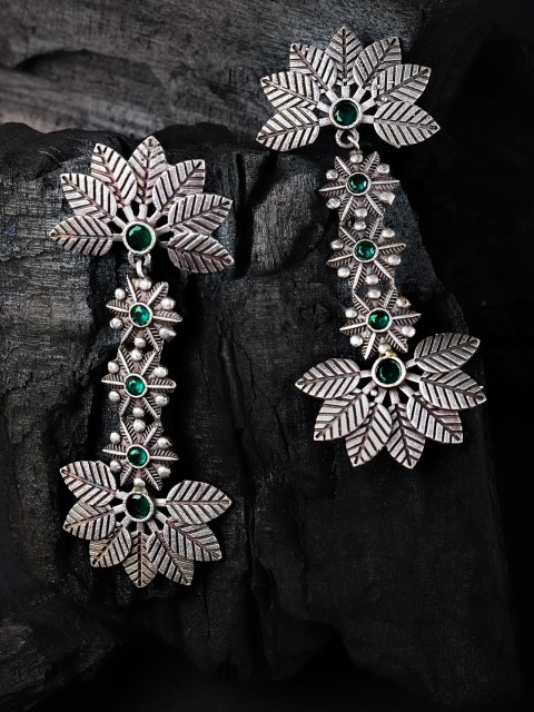 

Infuzze Green & Silver-Plated Handcrafted Floral Drop Stone Studded Earrings