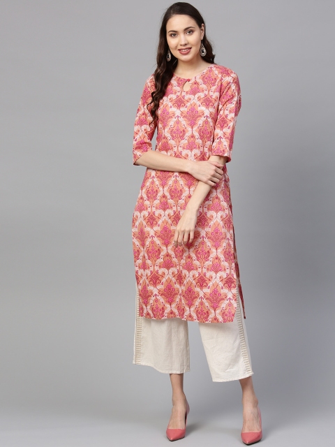 

SOJANYA Women Peach-Coloured & Pink Printed Straight Kurta