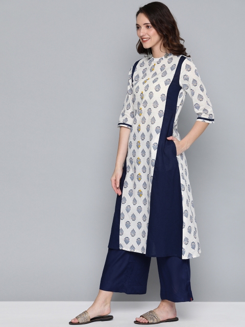 

HERE&NOW Women White & Navy Blue Printed A-Line Kurta