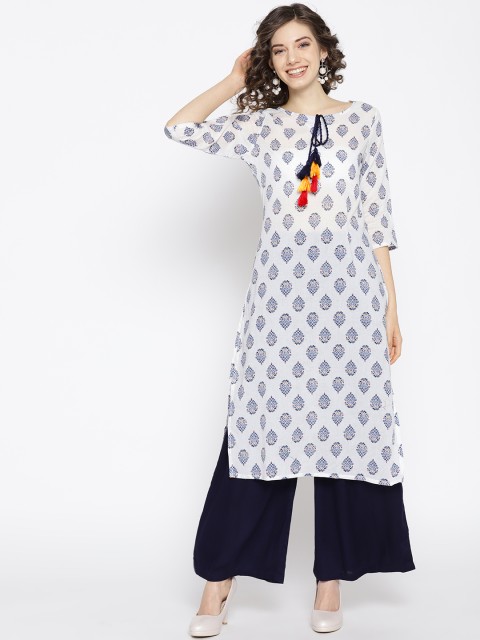 

HERE&NOW Women Off-White & Navy Blue Printed Straight Kurta