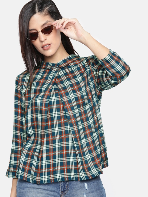 

Roadster Women Teal Blue & Coral Orange Checked Top