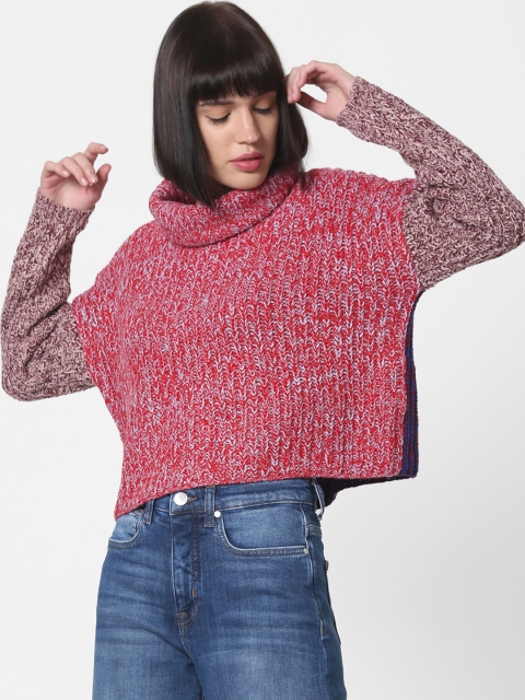 

ONLY Women Red & Brown Self Design Crop Sweater