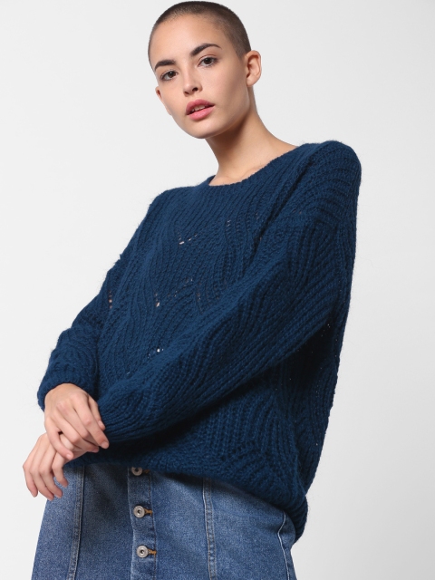 

ONLY Women Teal Blue Self Design Pullover Sweater
