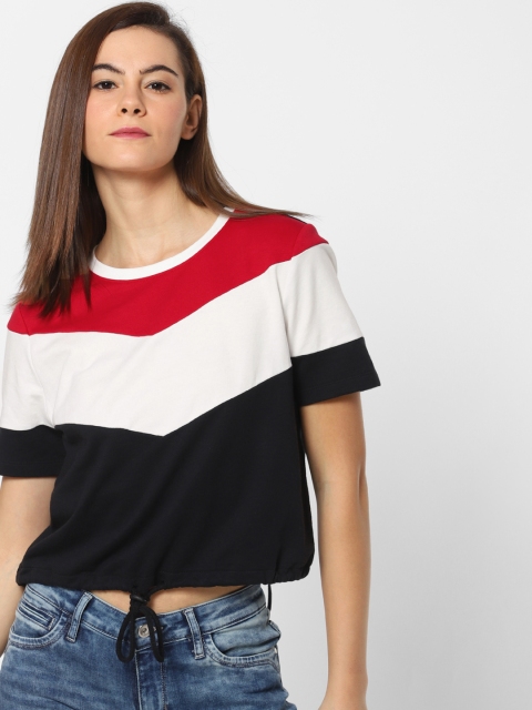 

ONLY Women Black White Colourblocked Round Neck Cropped Pure Cotton T-shirt