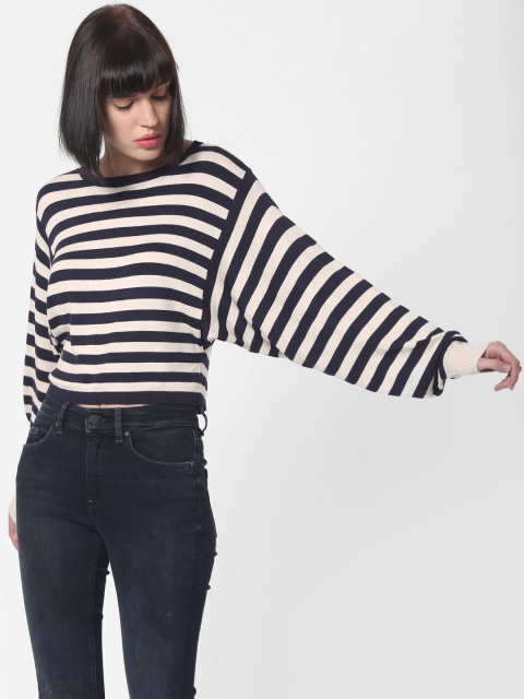 

ONLY Women Navy Blue & Off-White Striped Pullover Sweater