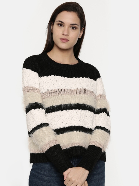 

ONLY Women Black & White Self Striped Sweater