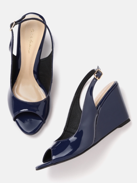 

Mast & Harbour Women Navy Blue Solid Open Toes Wedges