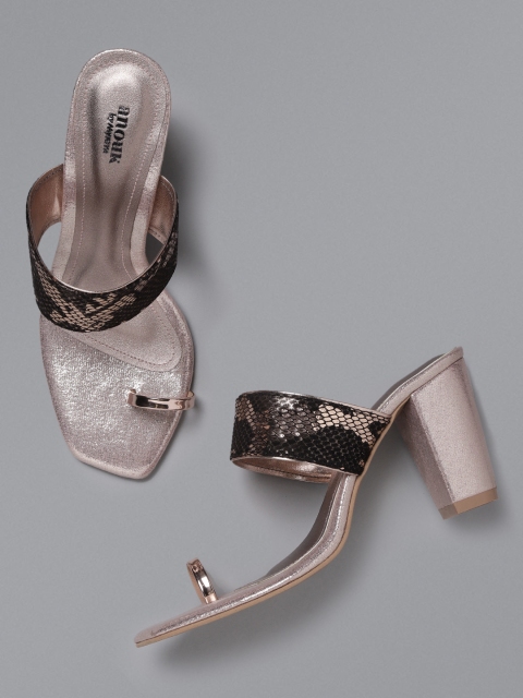 

Anouk Women Black & Rose Gold-Toned Snakeskin Textured One Toe Heels