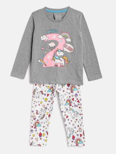 

Lazy Shark Girls Grey Melange & White Printed Night suit