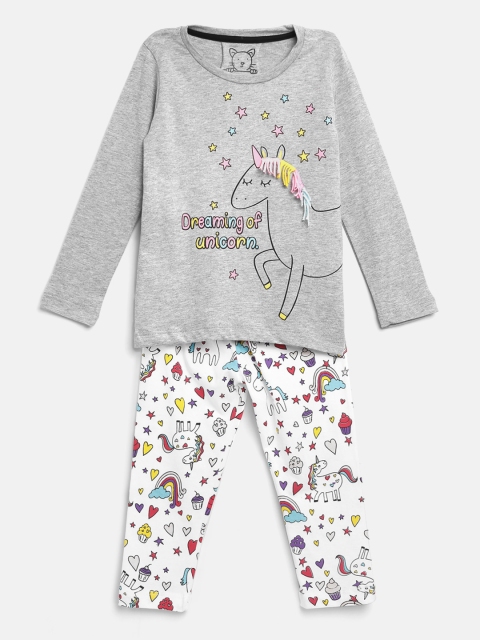 

Lazy Shark Girls Grey Melange & White Printed Night Suit