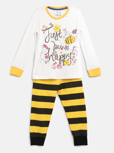 

Lazy Shark Girls White & Yellow Printed Night Suit