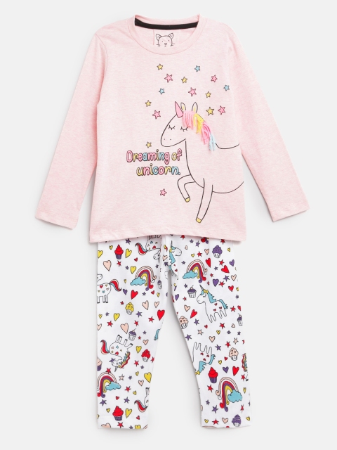 

Lazy Shark Girls Pink & White Printed Night Suit