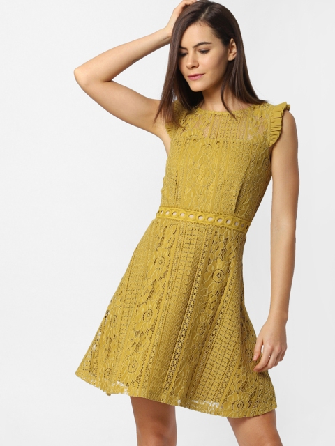 

ONLY Women Self Design Mustard Fit and Flare Lace Dress