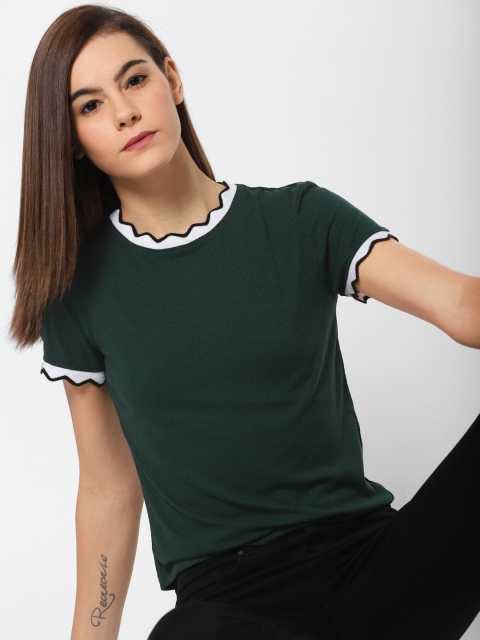 

ONLY Women Green Self-Striped Round Neck T-shirt