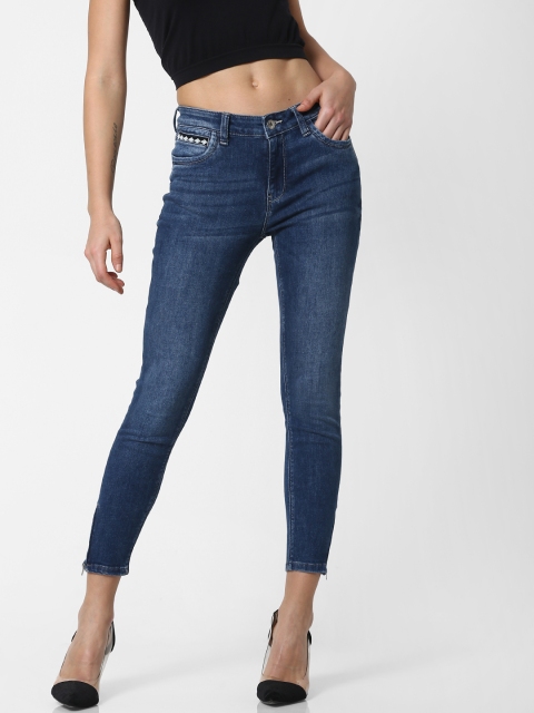 

ONLY Women Blue Carman Skinny Fit Mid-Rise Clean Look Stretchable Cropped Jeans