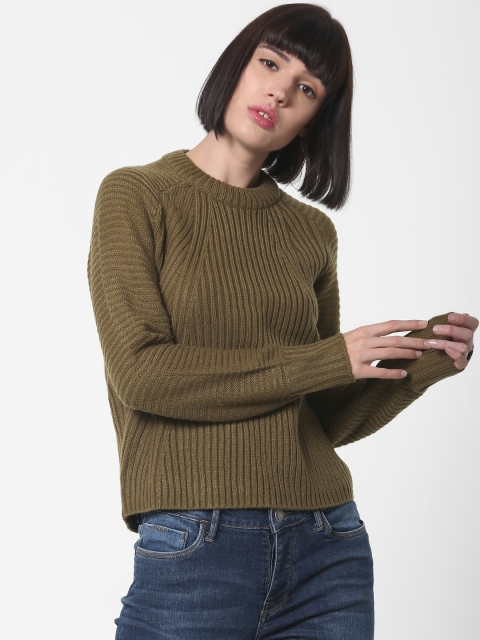 

ONLY Women Olive Green Self Design Pullover Sweater