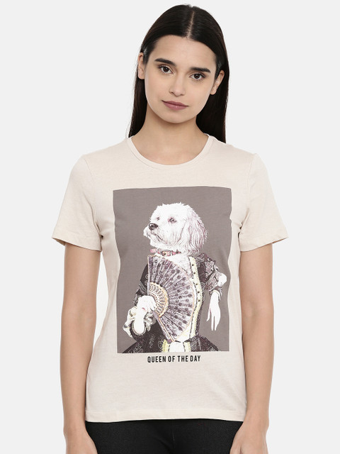 

ONLY Women Beige Printed Round Neck Pure Cotton T-shirt