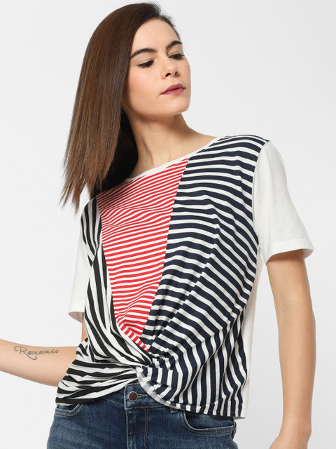 

ONLY Women White & Red Striped Pure Cotton Top