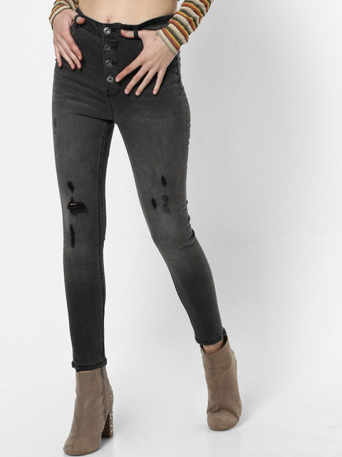 

ONLY Women Grey Petra Skinny Fit High-Rise Low Distress Jeans