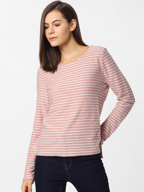 

ONLY Women Pink & White Striped Round Neck T-shirt