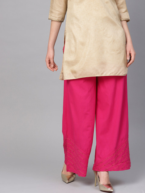 

clorals Women Pink Hem Design Handwork Flared Palazzos