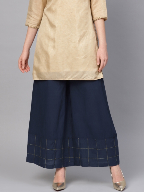 

clorals Women Navy Blue Hem Design Handwork Flared Palazzos