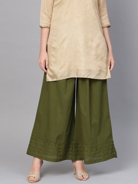 

clorals Women Olive Green Hem Design Handwork Flared Palazzos