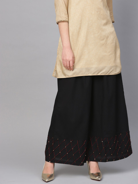 

clorals Women Black Hem Design Handwork Flared Palazzos
