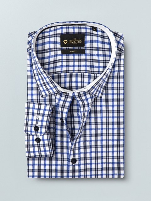 

INVICTUS Men White & Blue Slim Fit Egyptian Cotton Checked Smart Casual Shirt
