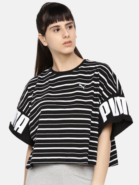 

Puma Women Black & White Rebel Striped Round Neck T-shirt