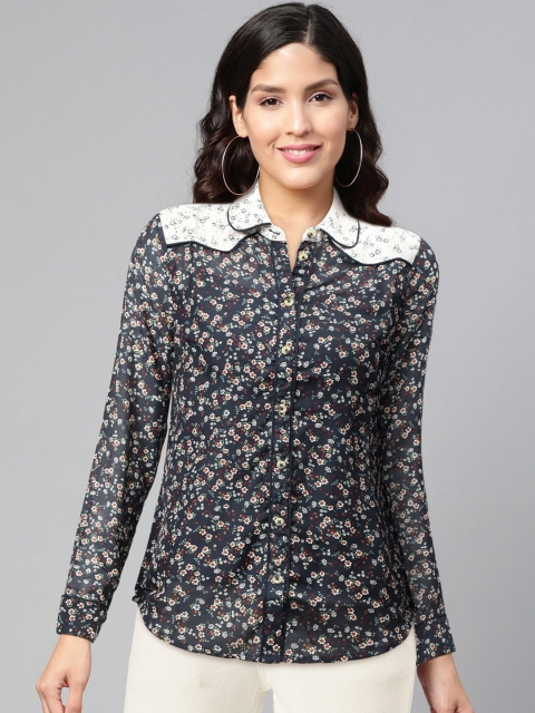 

DOROTHY PERKINS Women Navy Blue & White Ditsy Floral Print Semi-Sheer Casual Shirt