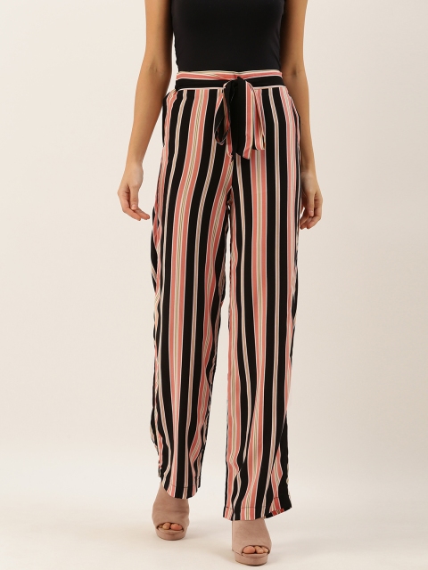 

DOROTHY PERKINS Women Black & Peach-Coloured Regular Fit Striped Parallel Trousers