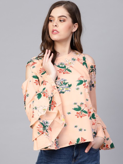 

Myshka Women Peach-Coloured & Green Cold-Shoulder Printed Top