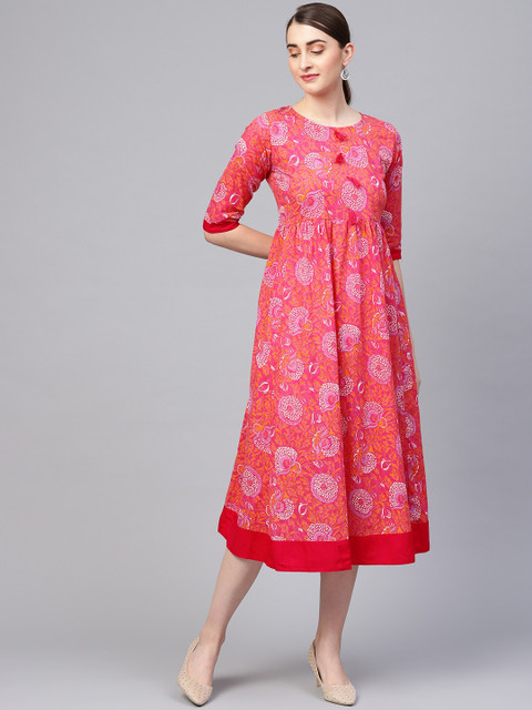 

Myshka Women Pink & Orange Printed Empire Dress