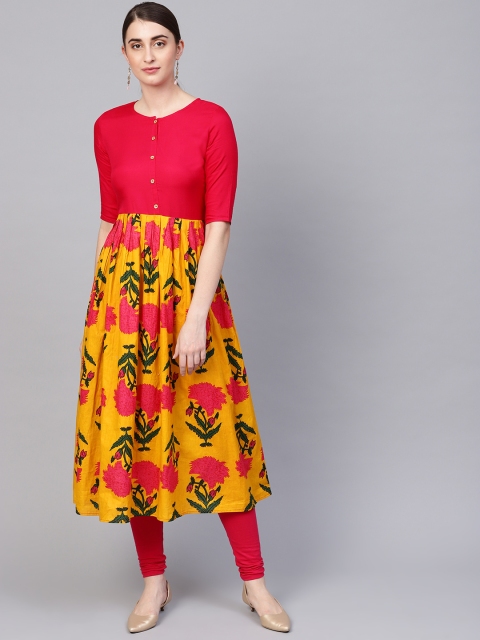 

Myshka Women Pink & Mustard Yellow Floral Printed A-Line Kurta