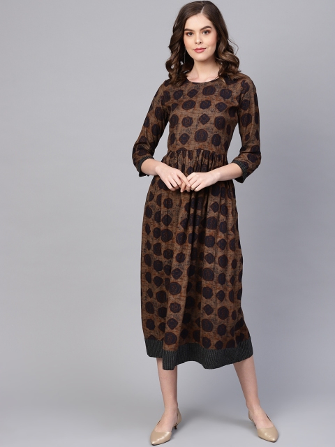 

Myshka Women Brown & Navy Coin Printed Printed A-Line Dress