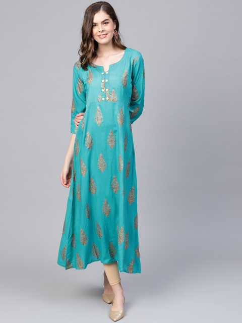 Women Green & Rust Red Ethnic Print A-Line Kurta