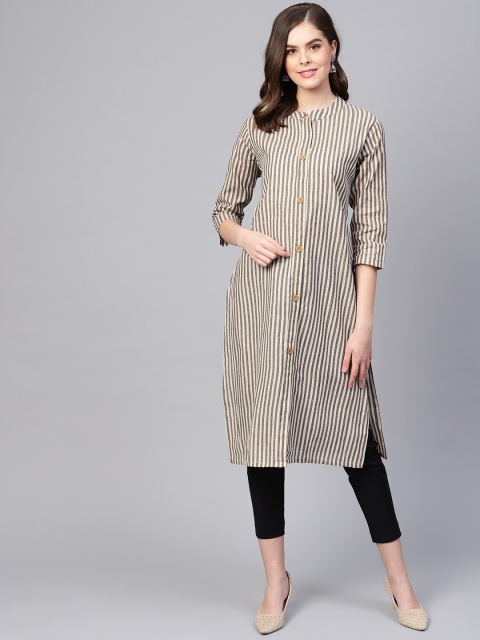 

Myshka Women Beige & Black Striped Straight Kurta