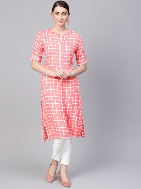 

Myshka Women Coral Pink & Off-White Checked A-Line Kurta