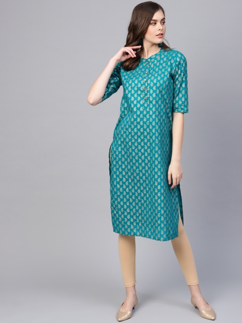 

Myshka Women Blue & Golden Printed Straight Kurta