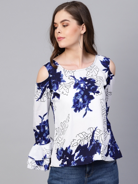 

Myshka Women White & Blue Cold-Shoulder Printed Top