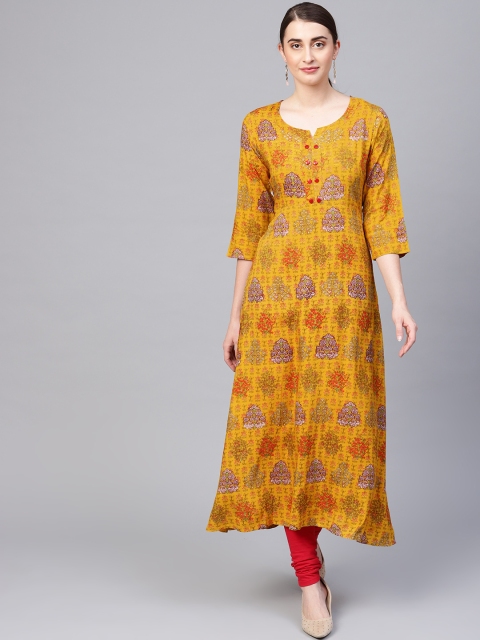 

Myshka Women Mustard Yellow & Olive Green Printed A-Line Kurta