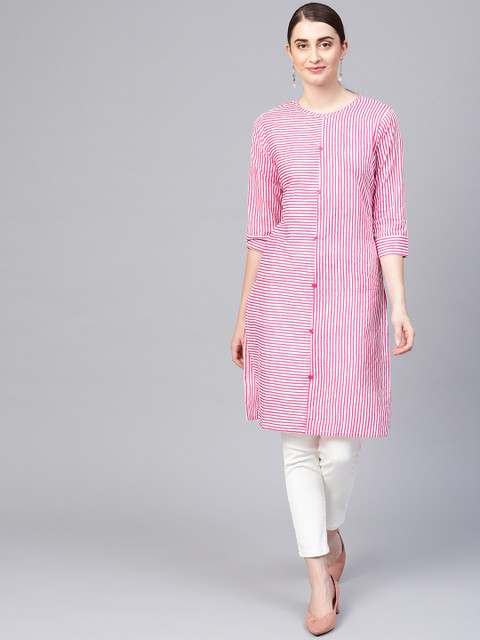 

Myshka Women Pink & White Striped Straight Kurta