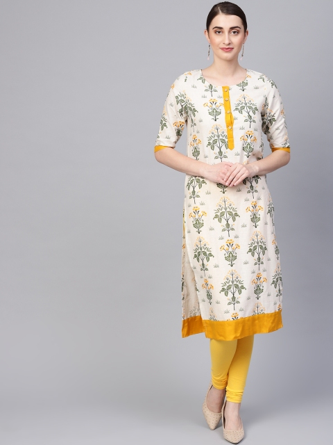 

Myshka Women Beige & Olive Green Floral Printed Straight Kurta