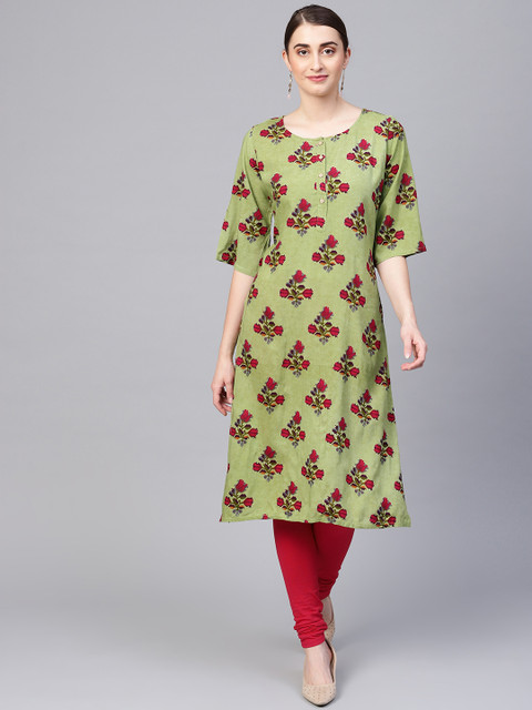 

Myshka Women Green & Red Floral Printed Straight Kurta