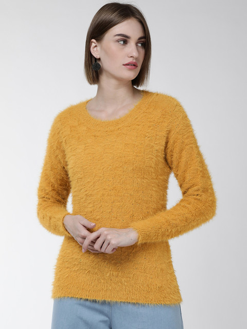 

Fort Collins Women Mustard Yellow Self-Checked Fuzzy Sweater
