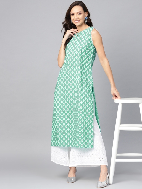 

Yuris Women Sea Green & White Printed Straight Kurta