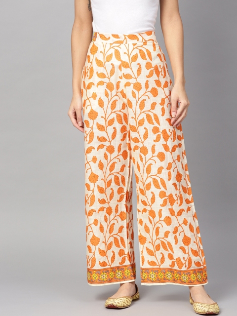 

Yuris Women Cream-Coloured & Orange Printed Straight Palazzos