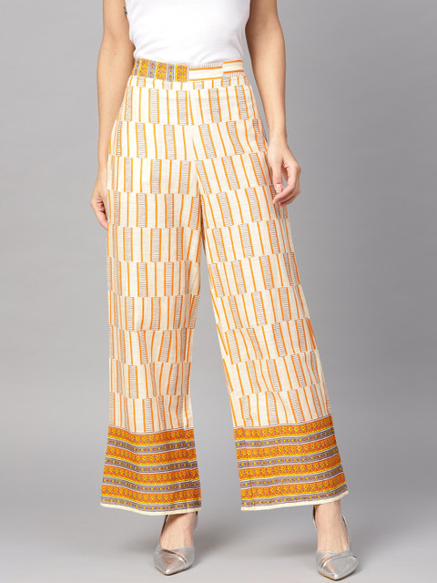

Yuris Women Cream-Coloured & Orange Printed Straight Palazzos