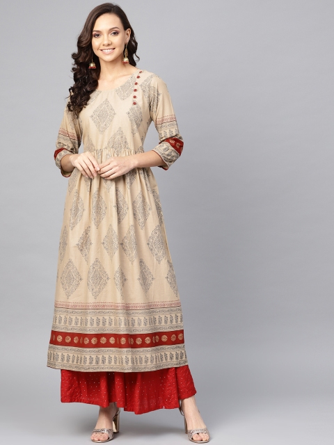 

Yuris Women Beige & Black Printed A-Line Kurta